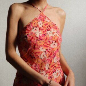 Vintage Express Floral Halter Midi High Low Asymmetrical Hem Dress Size 1/2